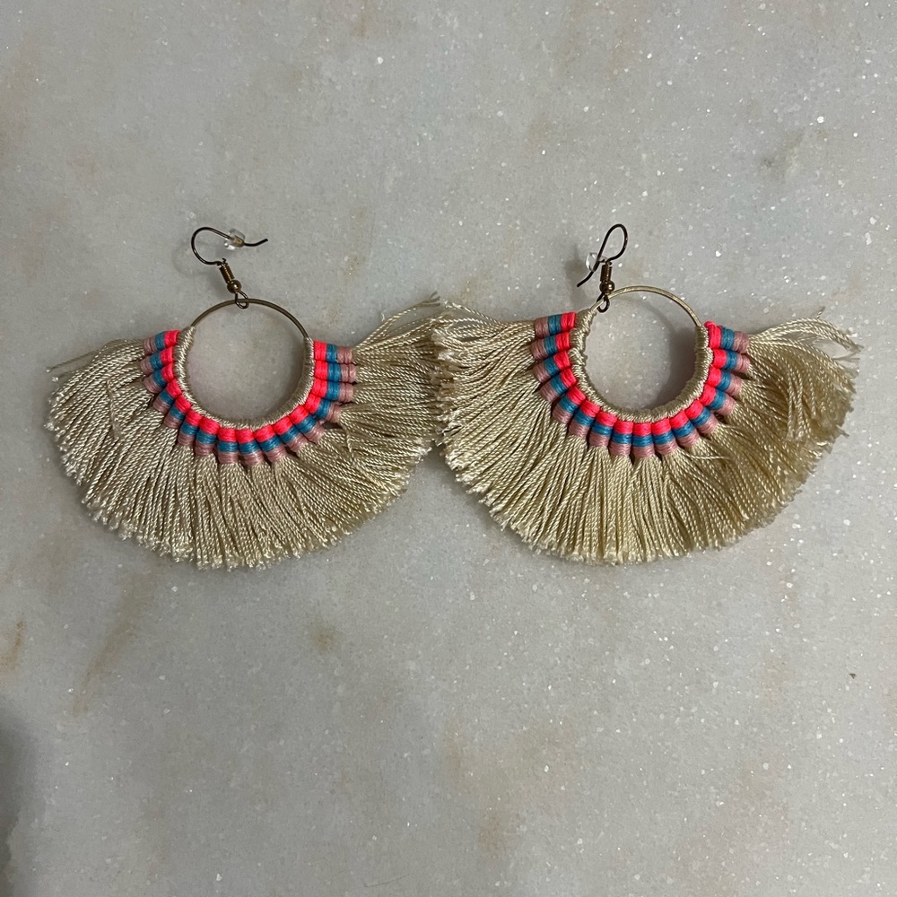 Cream String/Tassel Hoop Earrings w/ Pink & Blue Accents